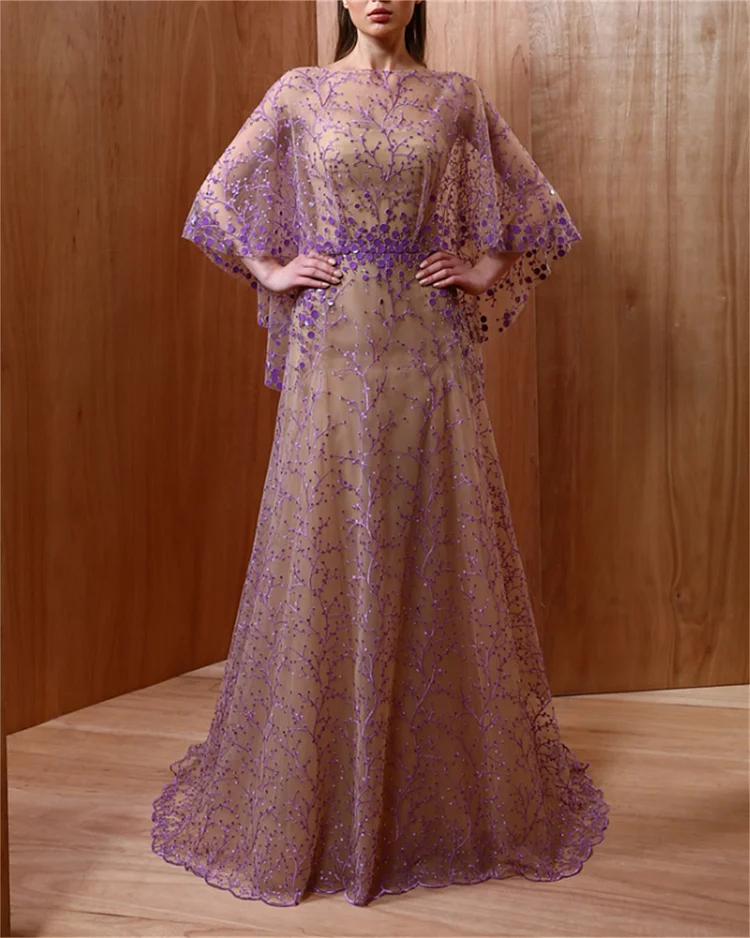 Fashion Purple Embroidered Mesh Dress