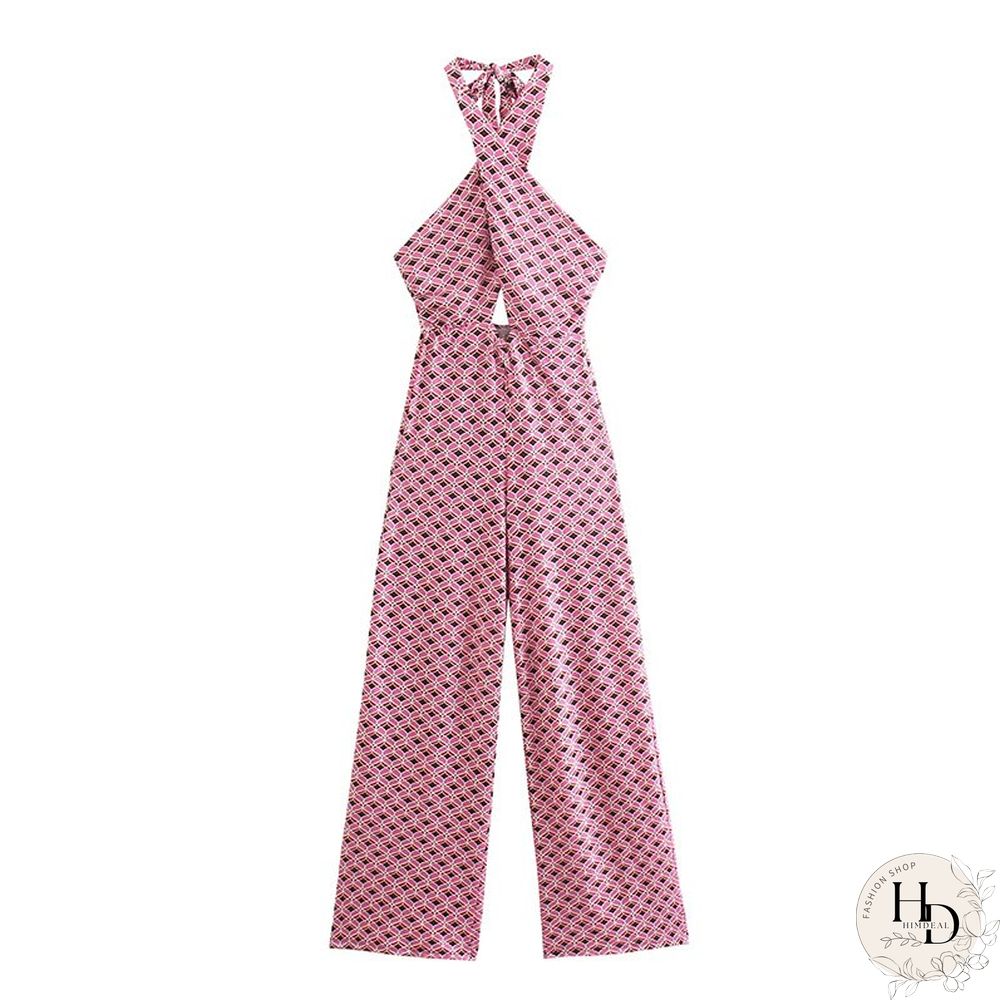 Cutout Open Back Wide Leg Combinations Backless Pink Sweet Sexy Women Jumpsuit Long