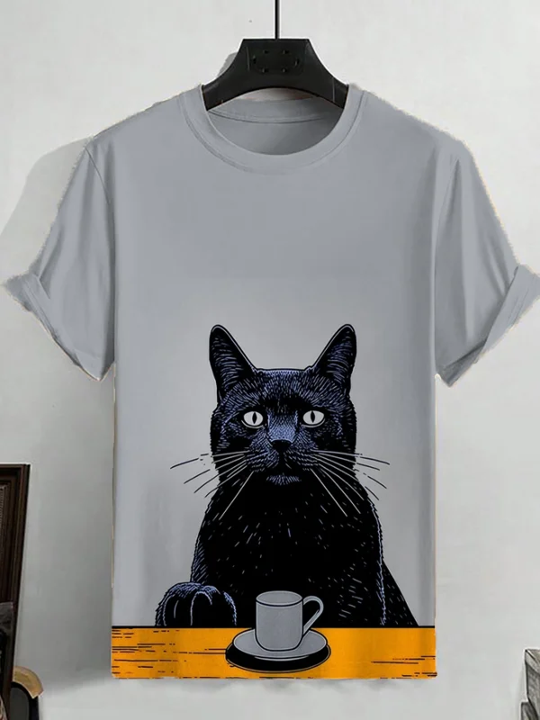 Men's Black Cat Coffee Art Print Casual T-Shirt