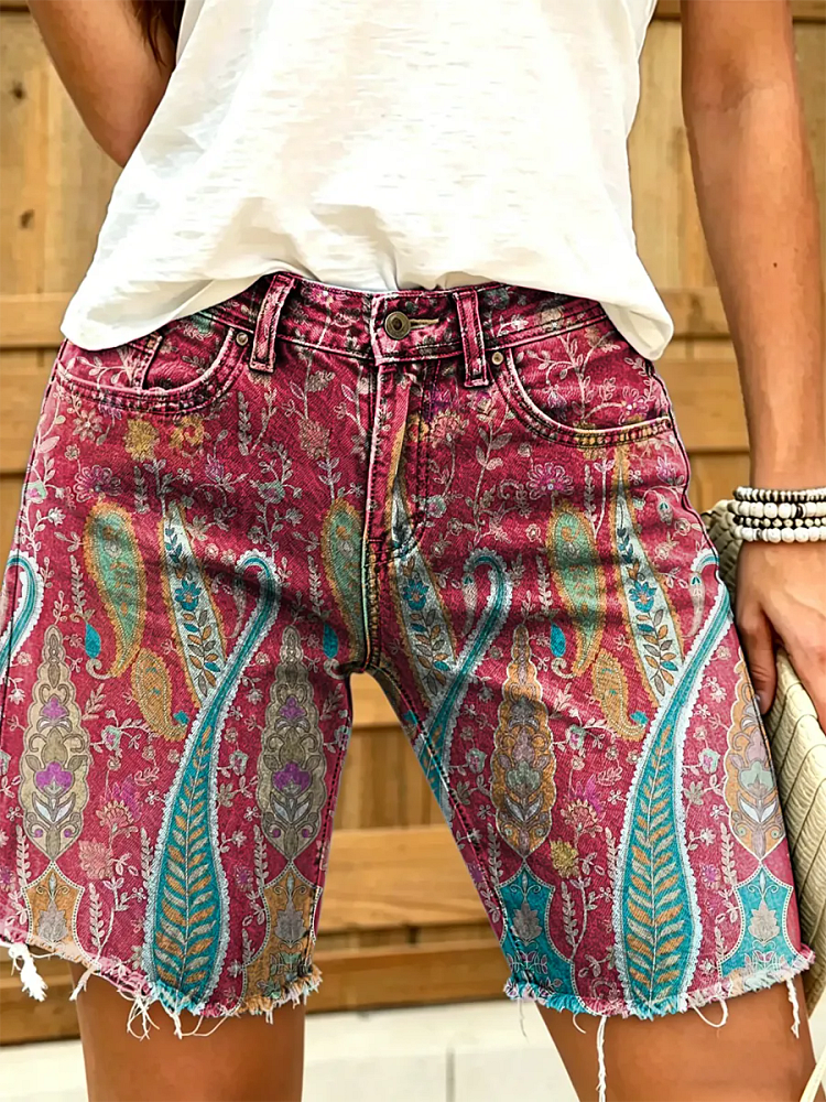 Women's Vintage Floral Print Denim Shorts