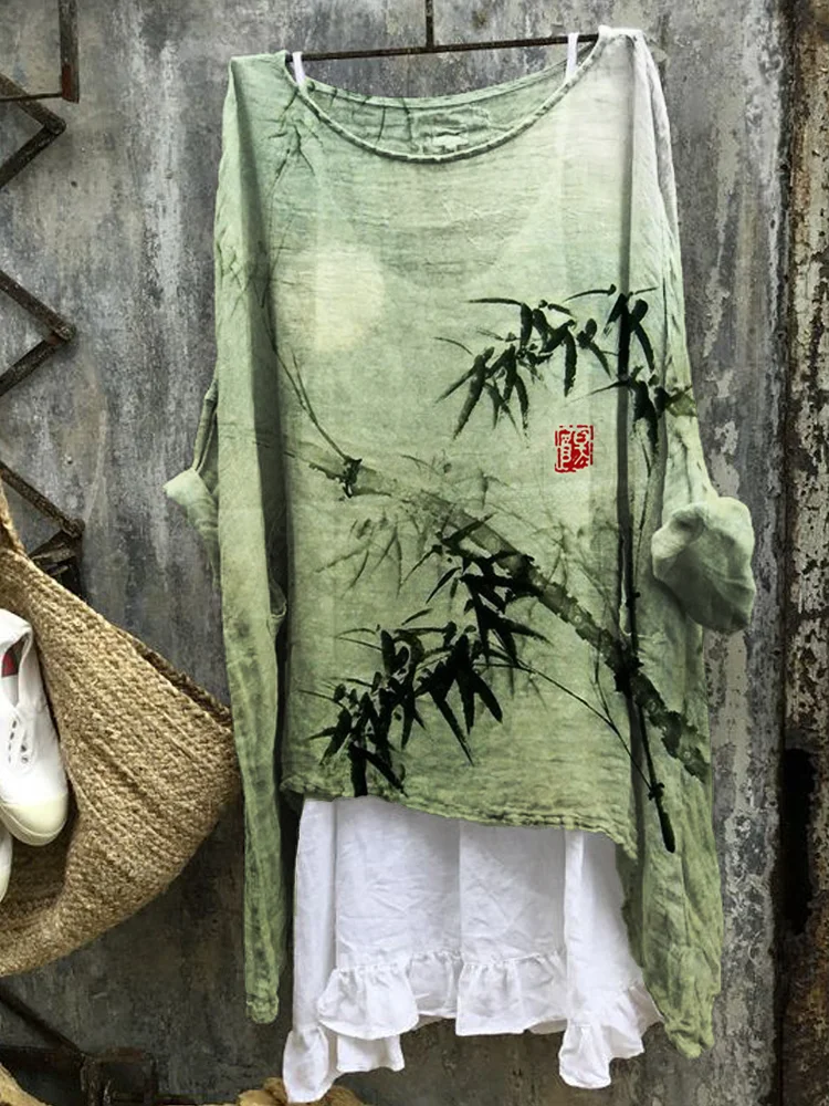 Comstylish Bamboo Forest Full Moon Japanese Art Linen Blend Tunic