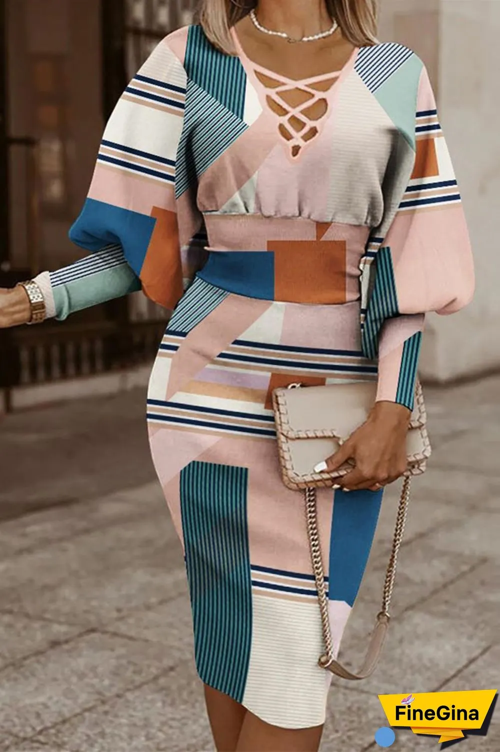 Apricot Sexy Casual Print Bandage Printing V Neck Wrapped Skirt Dresses