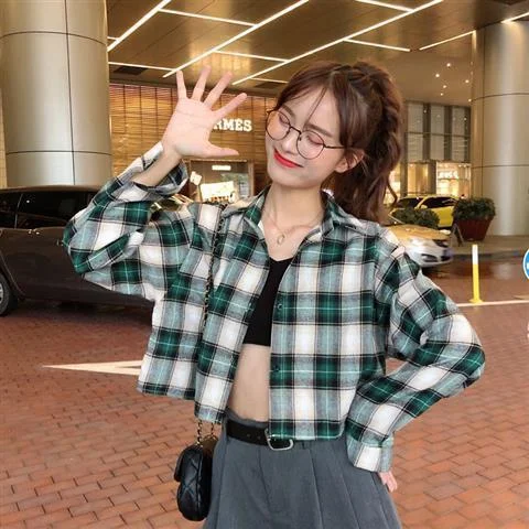 Blouses Shirts Women Plaid Long Sleeve Crop Top All-match Korean Style Leisure Preppy Street Loose Womens Fashion Ins Chic Retro 1026-1