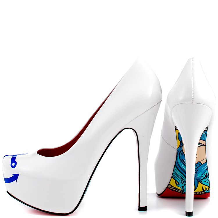 Women's White Navy Stiletto Heels Floral Print Platform Shoes |FSJ Shoes