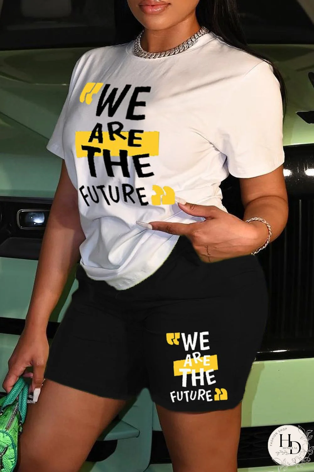 Colour Fashion Casual Print Basic O Neck Short Sleeve Two Pieces