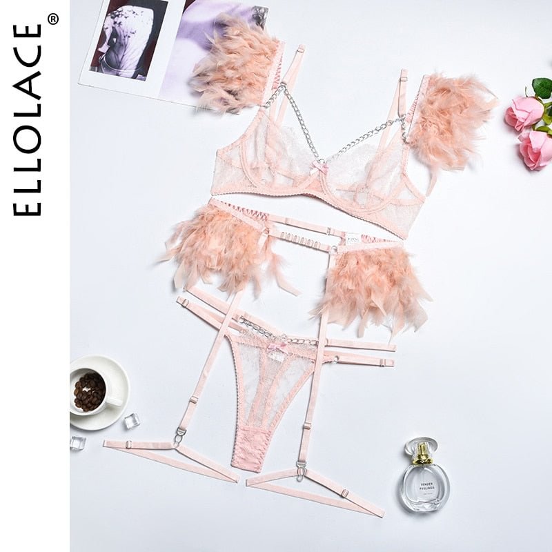 Ellolace Feather Sensual Lingerie Sexy Transparent Lace Bra with Chain Exotic Sets Porn 3 Piece Set Garters Erotic Costumes