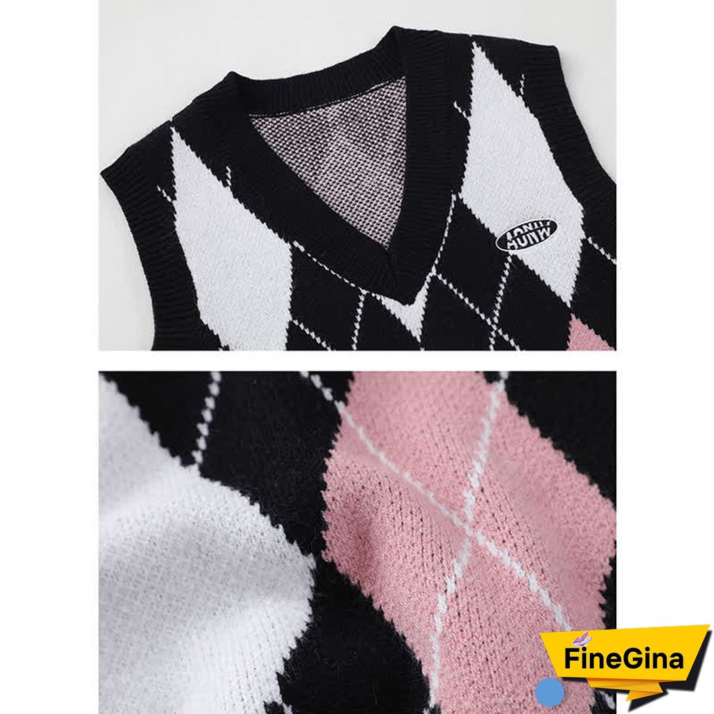 Colorblock Rhombus Print V-neck Vest Long Sleeve Shirt Pleated Skirt