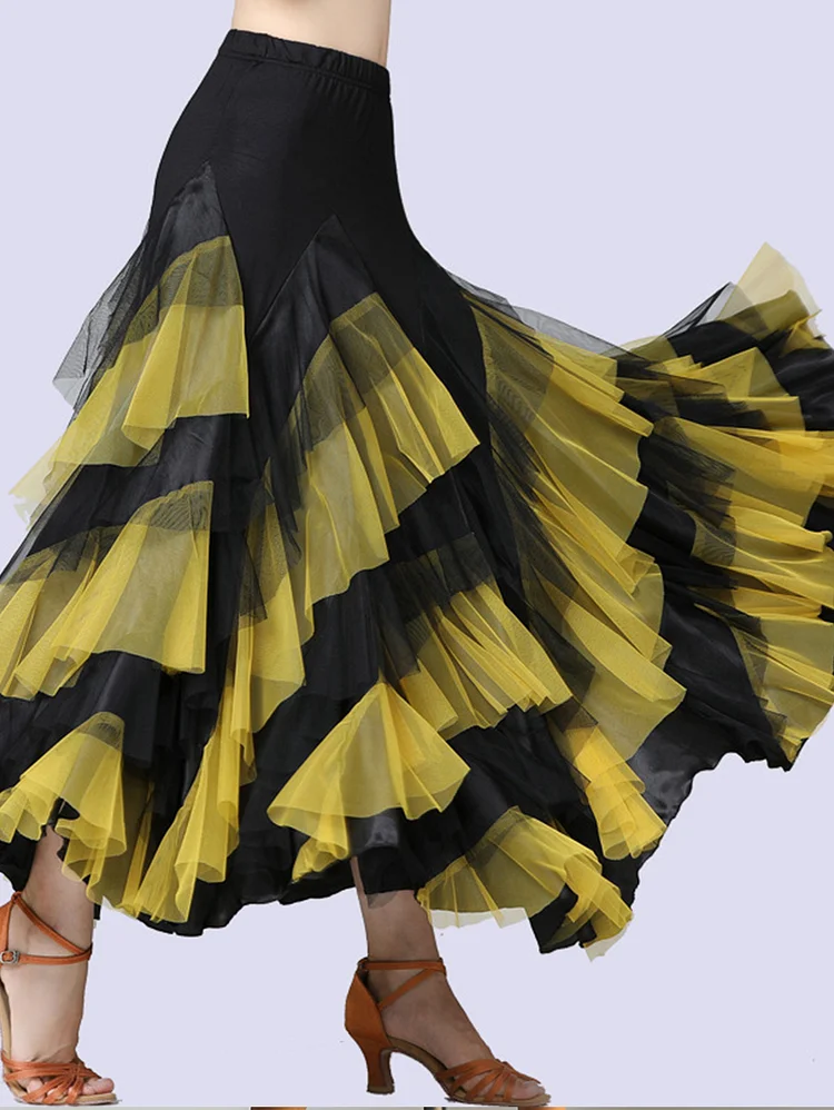 Prom Colorblock Ruffle Tiered Elastic Waist Long Skirt
