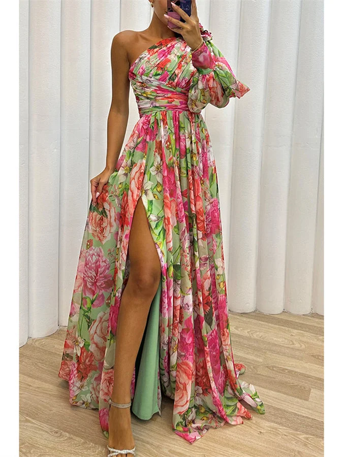 Style & Comfort for Mature Women Women Floral One Shoulder Sexy Long-sleeved dress Maxi Dress