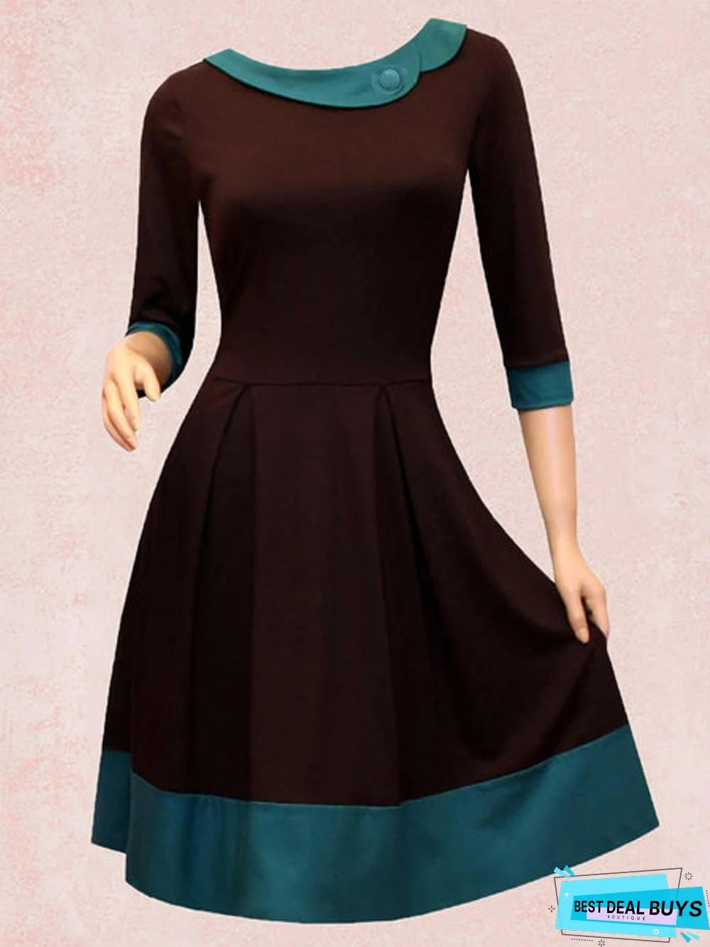 Coffee Crew Neck Casual Knitting Dress