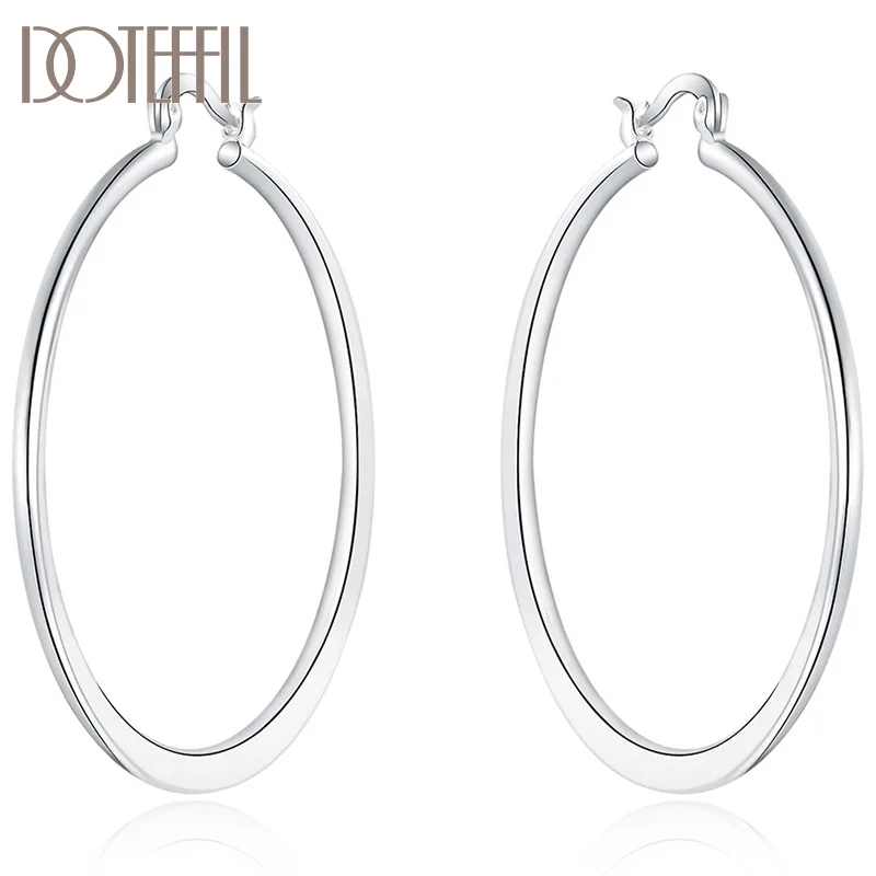 DOTEFFIL 925 Sterling Silver 55mm Round Smooth Big oblate Circle Earrings For Woman Jewelry