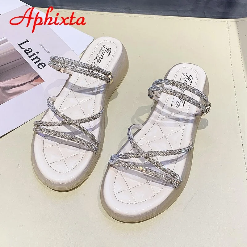 Aphixta 2021 New Crystals Sandals Women Shiny Rhinestones Summer Beach Female Flip Flops Glittering Slippers Lady Bling Shoes