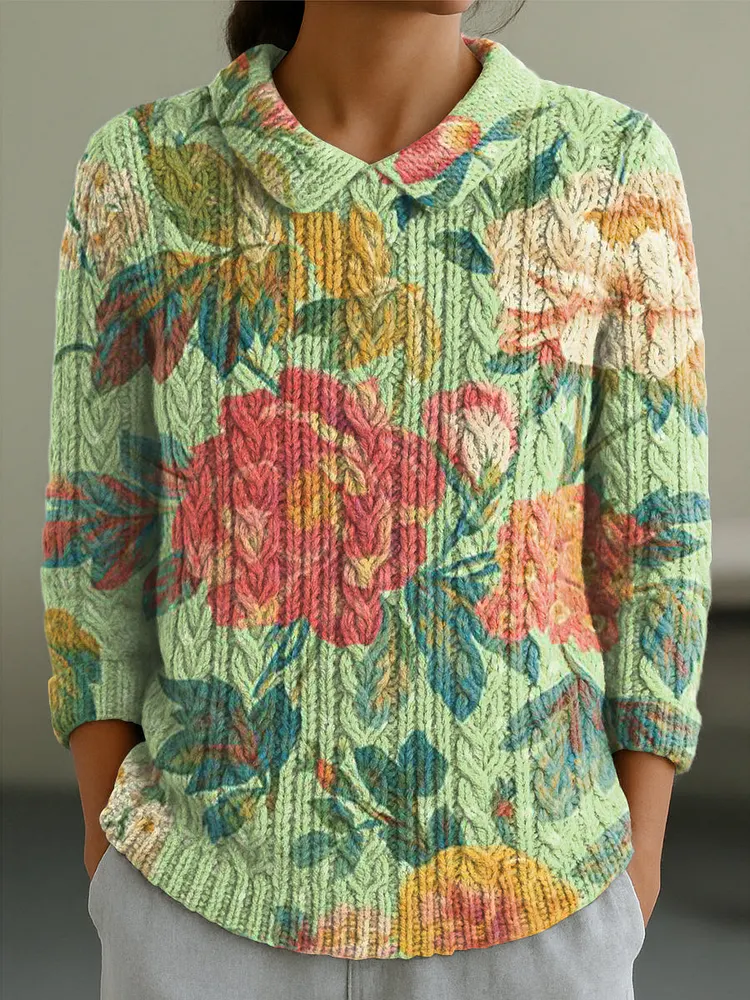 Women's Vintage Large Flower Painting Art Print Casual Peter Pan Collar 3/4 Sleeve Sweater
