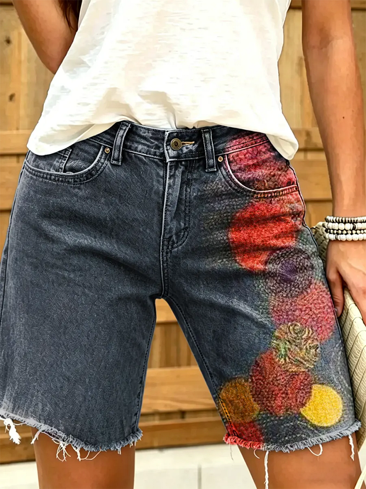 Women's Colorful Asymmetrical Polka Dot Artistic Print Denim Shorts