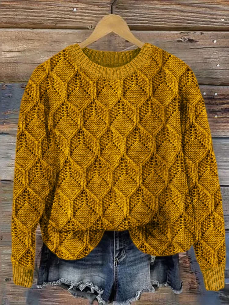 VChics Bee Honeycomb Inspired Jacquard Cozy Sweater
