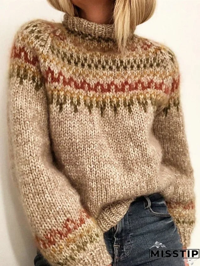 Joskka Women's Pullover Sweater Jumper Turtleneck Crochet Knit Acrylic Knitted Fall Winter Outdoor Daily Going out Stylish Casual Soft Long Sleeve Striped Maillard Khaki Gray S M L