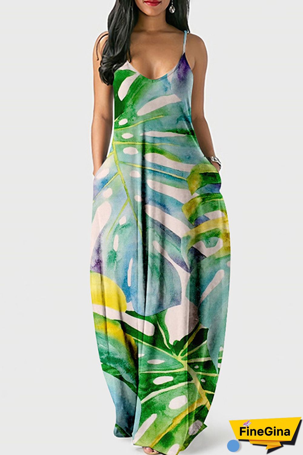 Cyan Green Sexy Casual Print Backless Spaghetti Strap Long Dress Dresses