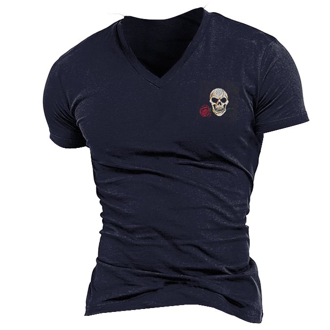 Men's Round Neck Embroidered Rose Skull Slim Fit T-Shirt-Compassnice®