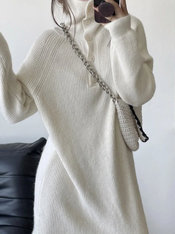 Simple Buttoned Solid Color High-Neck Sweater Dresses