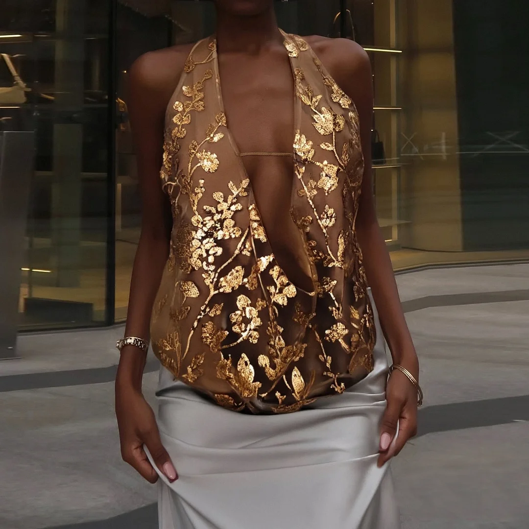 Brownm Brownm 2025 Women's Clothing Sexy Bare Back Light V Collar Top