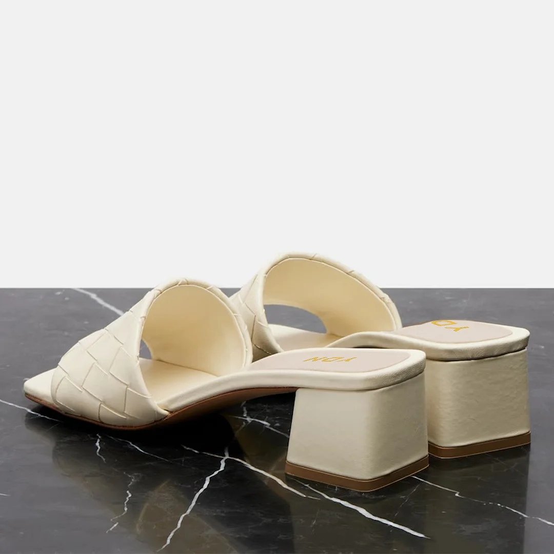 Women's Ivory Open Square Toe Comfortable Heeled Mules with Woven