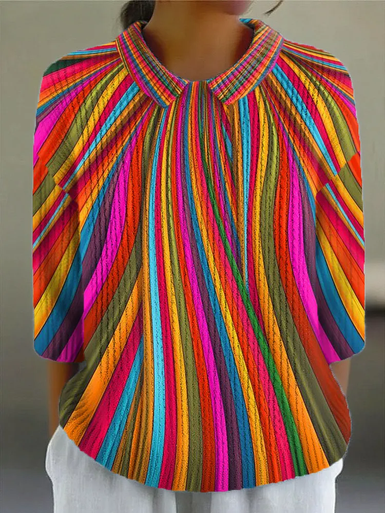 Women's Vintage Rainbow Stripe Art Print Casual Peter Pan Collar 3/4 Sleeve Sweater