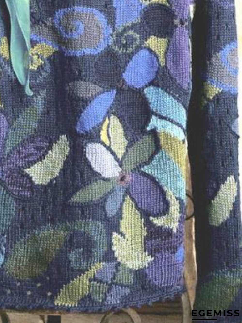 Blue Long Sleeve V Neck Cotton-Blend Leaf Shirts & Tops | EGEMISS