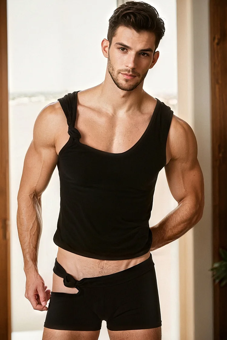 Men's Knotted Tank Top Cut Out Shorts Tight Fit Black Two Piece Set [Pre-Order]