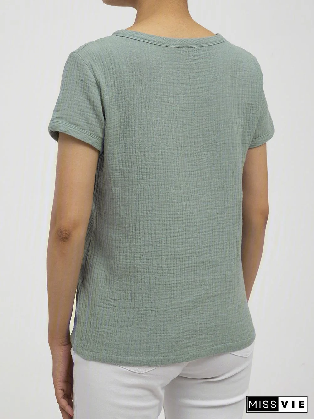 Women Casual Linen Cotton Plain Short Sleeve Blouses