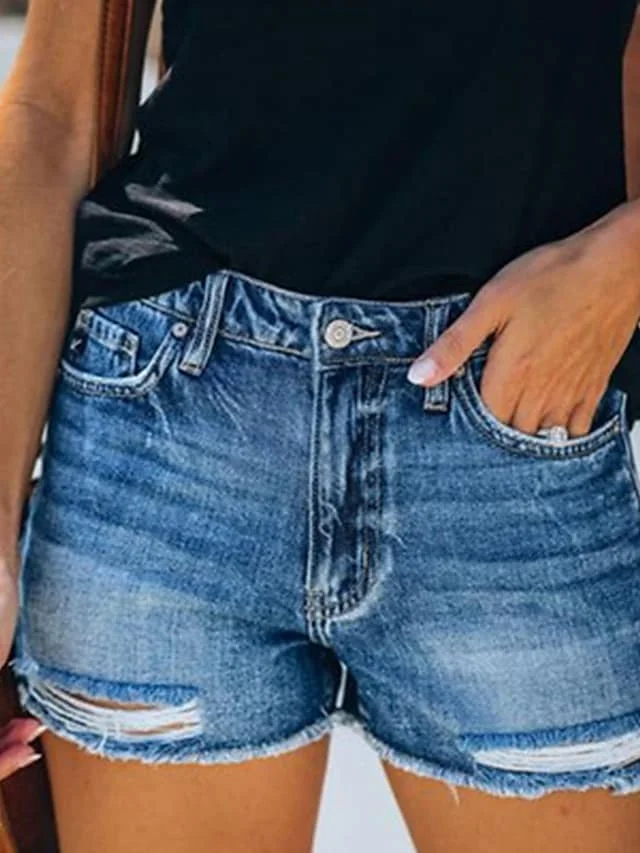 Women's Shorts Hot Pants Distressed Jeans Denim Blue Mid Waist Fashion Casual Weekend Side Pockets Cut Out Micro-elastic Short Comfort Plain S M L XL XXL | IFYHOME