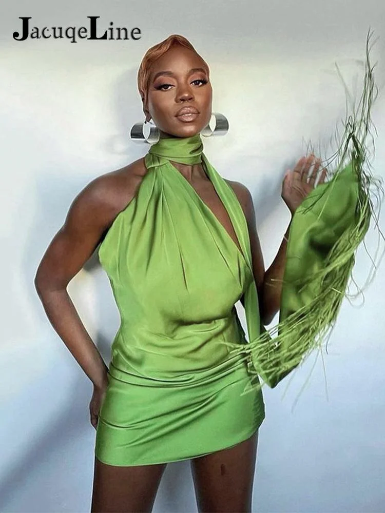 Jacqueline 2022 Green Backless Mini Bodycon Satin Women Dress Club Prom Elegant Sleeveless Halter Sexy Dresses Tassel Summer