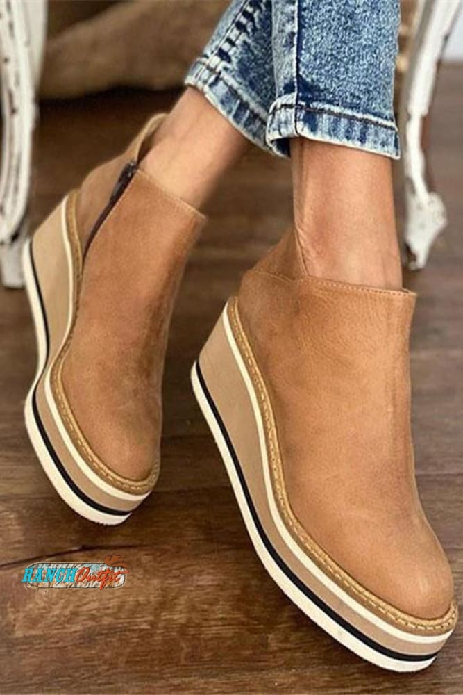 Vintage Zipper Design Wedge Ankle Boots Lightbrown / Us4.5 Shoes