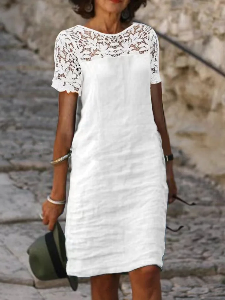 Solid Color Lace Panel Short Sleeve Midi Dress