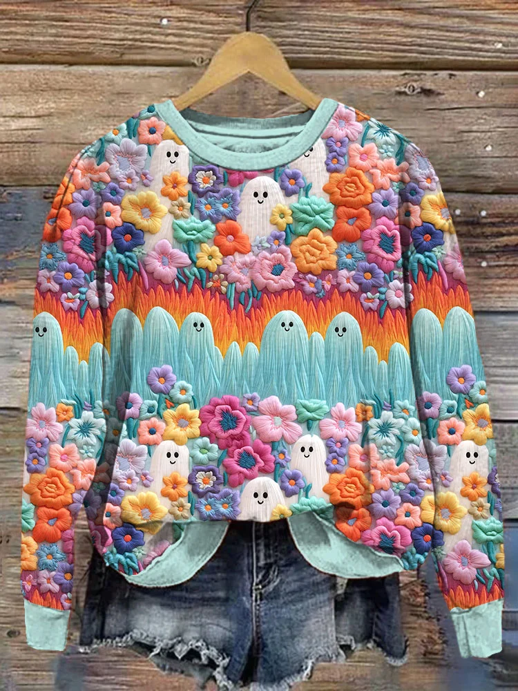 Ghost Floral Embroidery Pattern Casual Sweatshirt