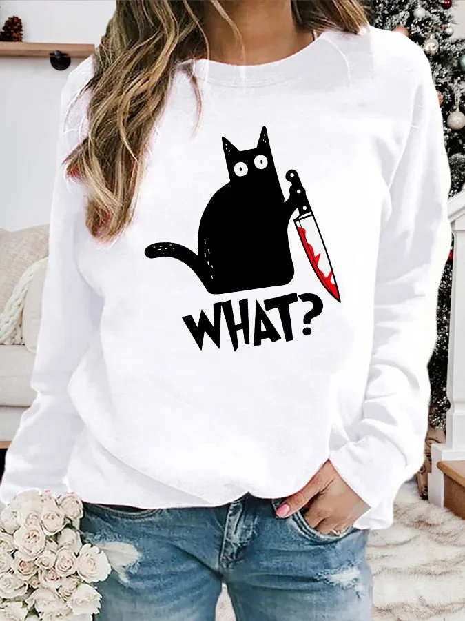 Women's Halloween Black Cat Print Casual Sweatshirt socialshop