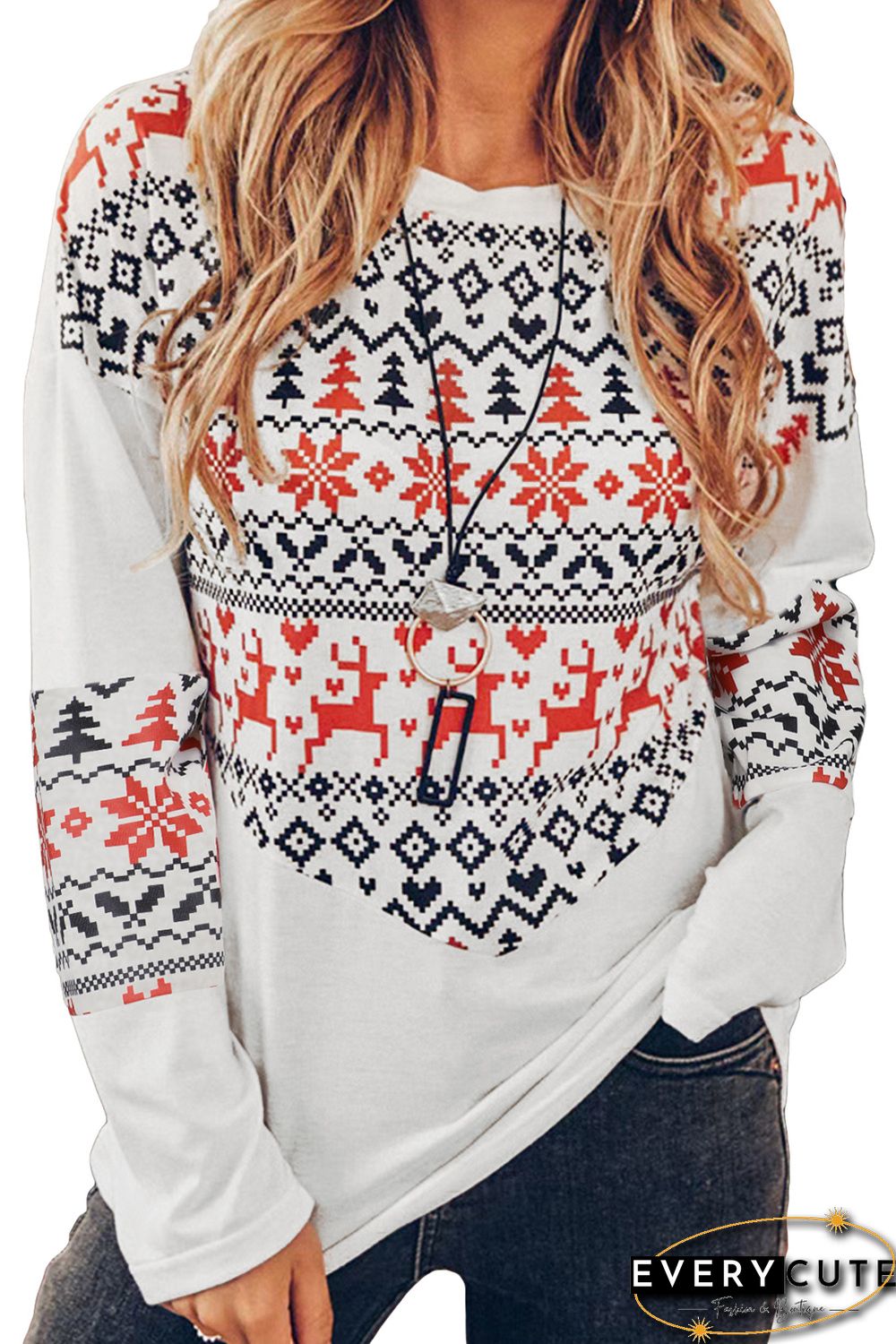 Multicolor Christmas Graphic Print Long Sleeve Top