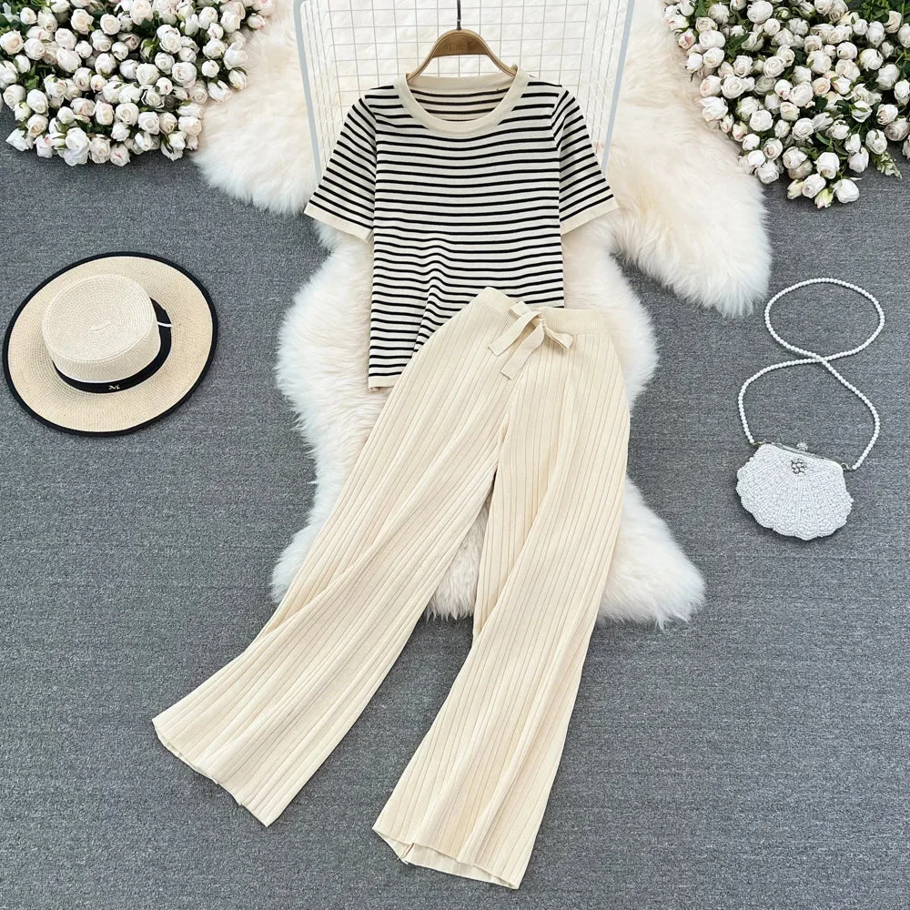 Huiketi Women Tracksuit Summer Striped Knit Ppullover And Long Pants 2 Piece Sets Korean Casual Loose Outfits Knitted 2024 New Suits