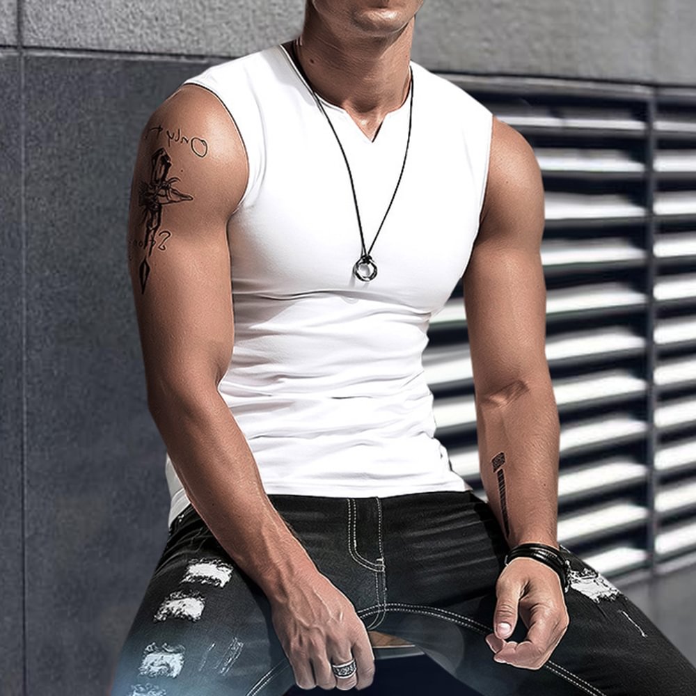 Men's Solid Color V-neck Tank Top Casual Breathable Slim Fit Sleeveless T-Shirt