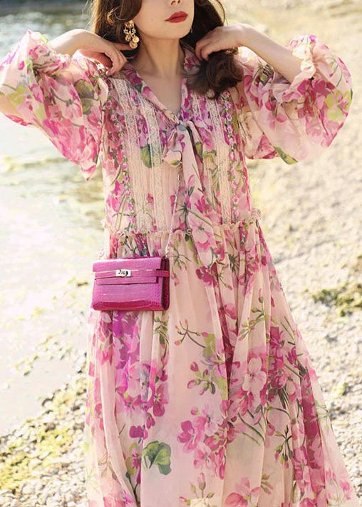 Unique Pink Bow Lace Patchwork Print Silk Dress Summer