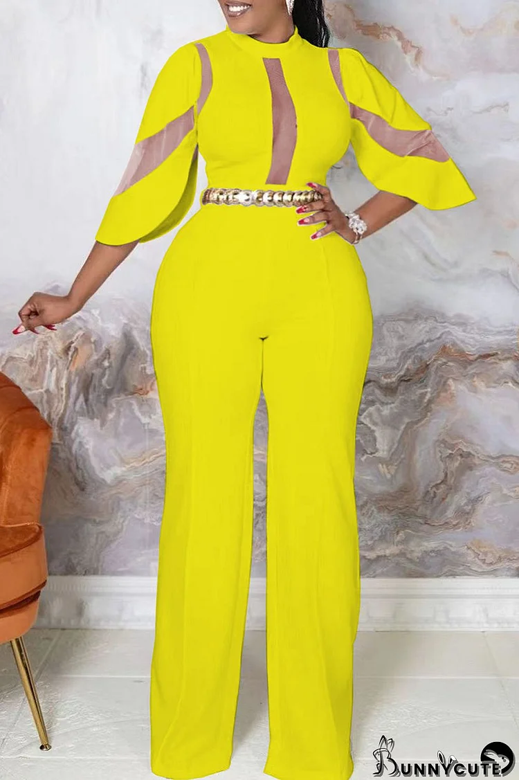 Yellow Sexy Solid Patchwork O Neck Straight Jumpsuits(Without Belt)