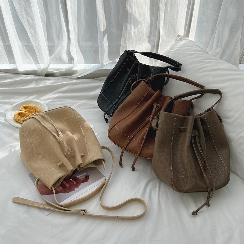 Drawstring Pleated Tote Crossbody Bag