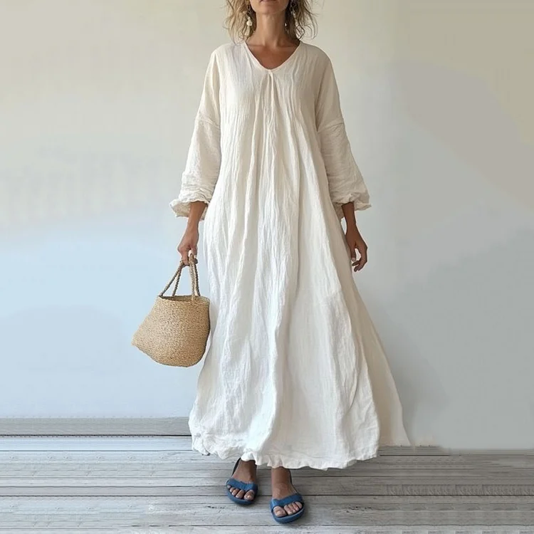 Utbros Vintage V Neck Cotton Linen Comfy Maxi Dress