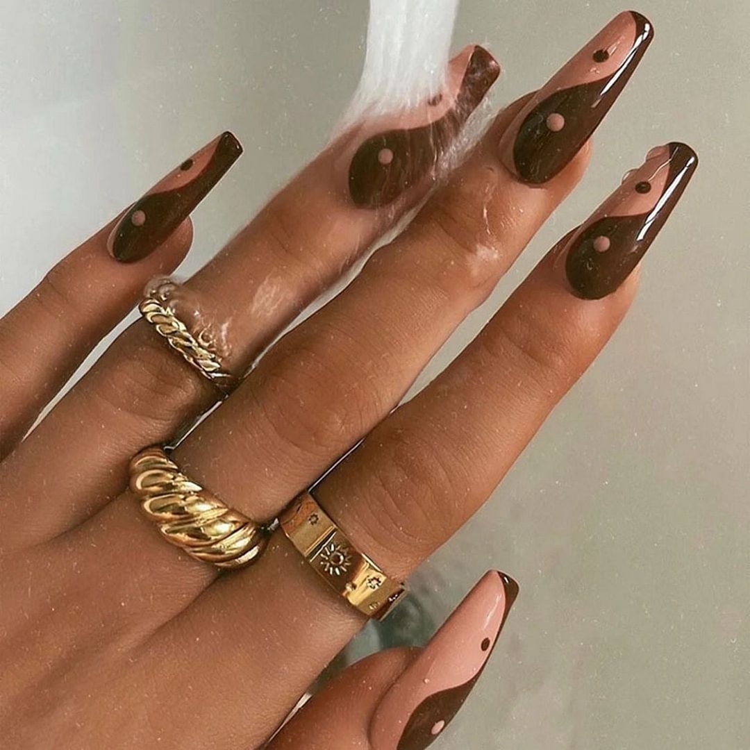 24Pcs Extra long chocolate TAIJI Ballerina Fake Nails Full Cover Tips Press On Nails Detachable Long Coffin Wearable False Nails