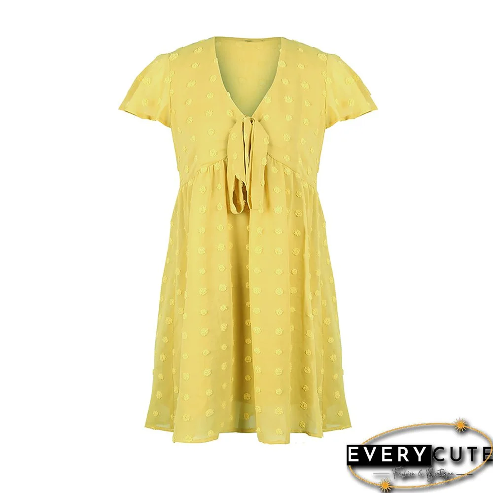Yellow V Neckline Bowknot Front Mini Dress