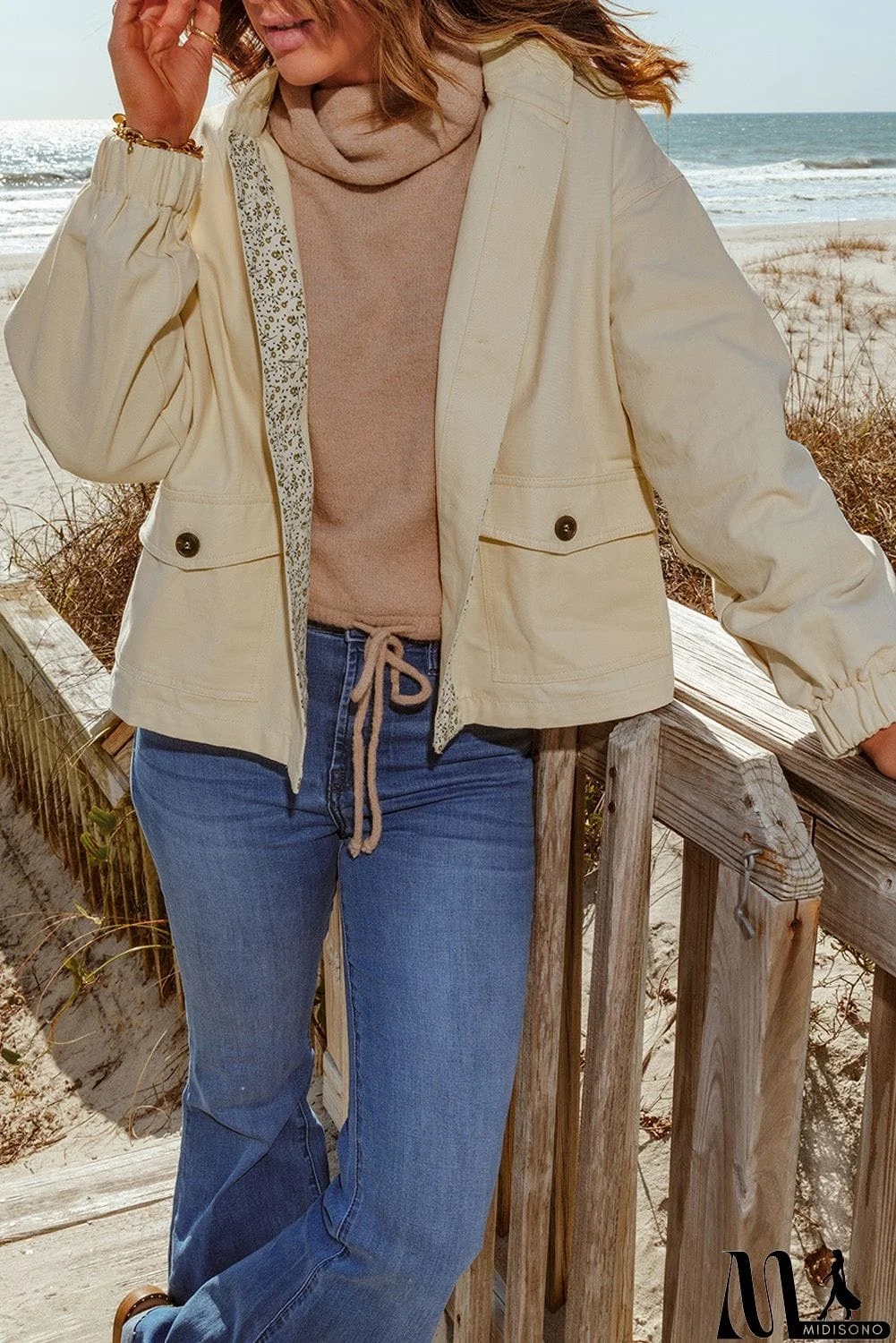 MidiSono - Beige Floral Patchwork Pockets Loose Fit Jacket