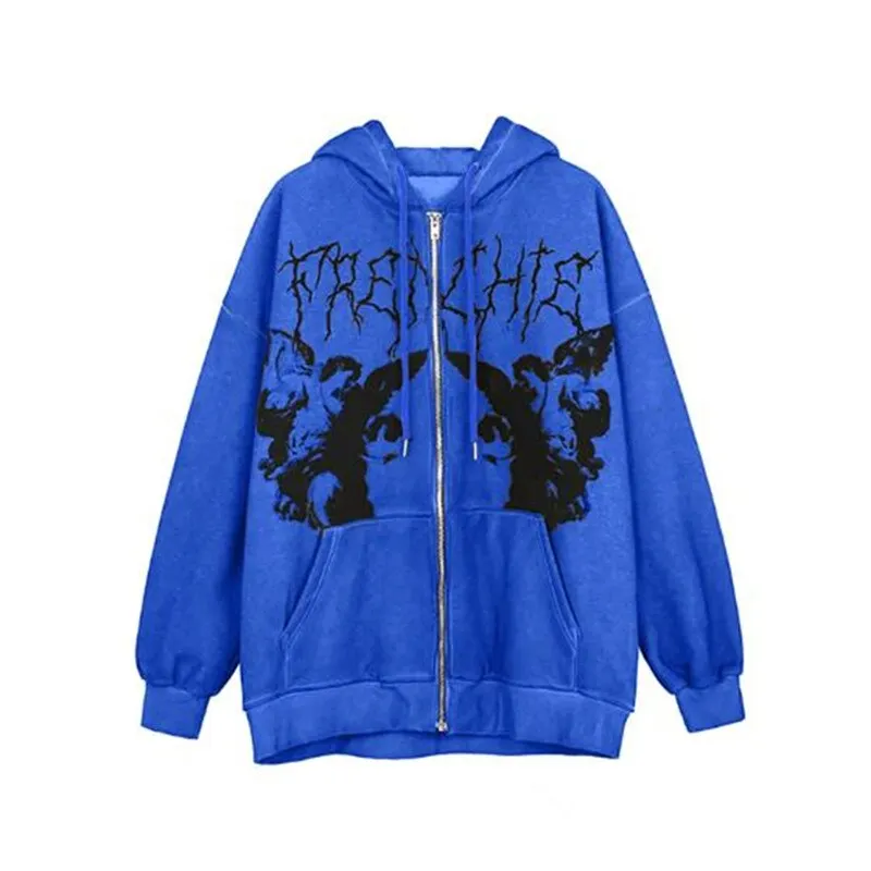 Xingqing Women Full Zip Hoodies Fashion Portrait Print Long Sleeve Loose Sweatshirt Tops Y2K Aesthetic Ladies Clothes Streetwear