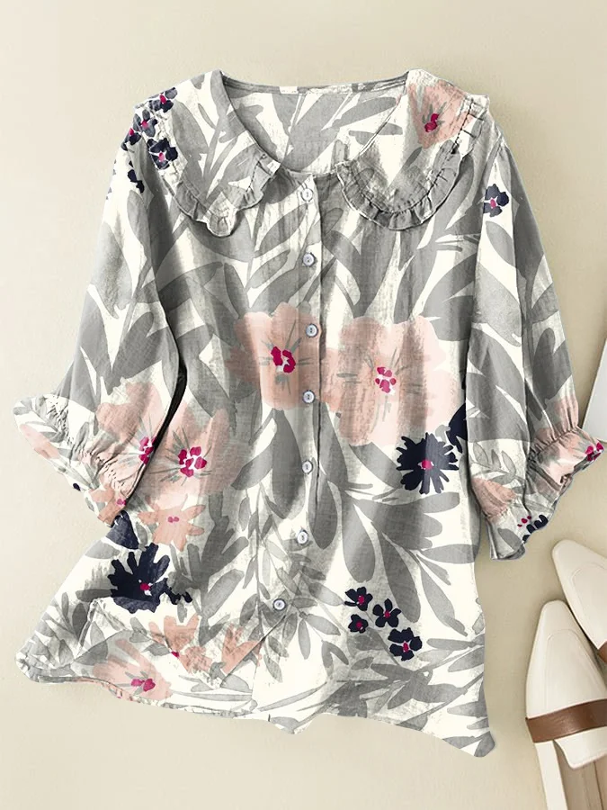 Vintage Floral Loose Cotton and Linen Peter Pan Ruffle Collar Shirt