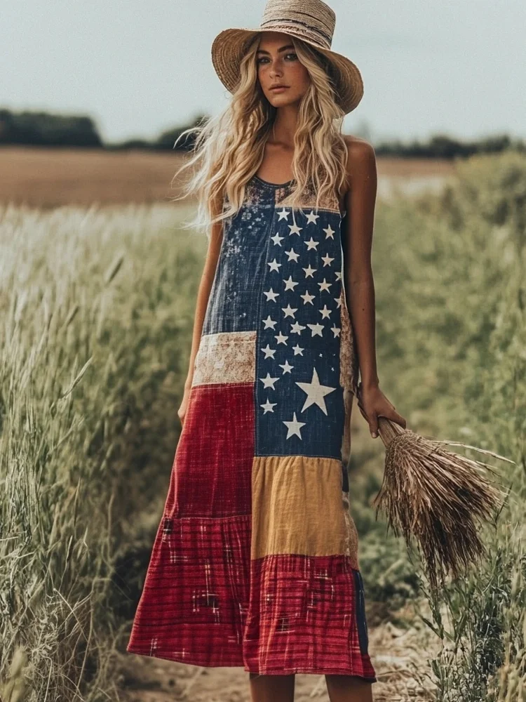 VChics Retro Independence Day American Flag Patchwork Linen Tank Dress