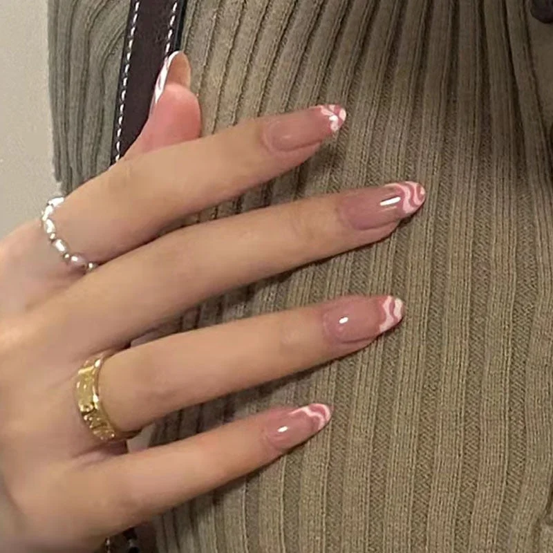 Fashion 24pcs/set French Nails For Women Simple Pink Ins Style Fake Nails With Glue Acrylic fake Full Tips False press on nail-Nail Inspo