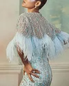 Sky Blue Net Crystal Gown And Feather Cape Set